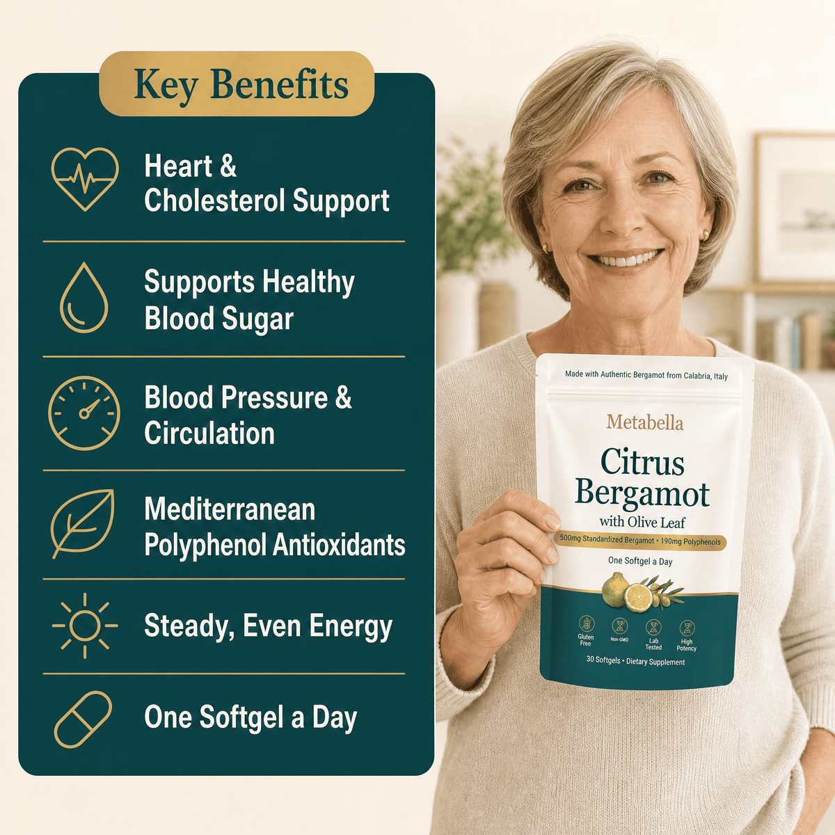 Woman holding Metabella Citrus Bergamot pouch next to its key benefits: heart, cholesterol, blood sugar, circulation